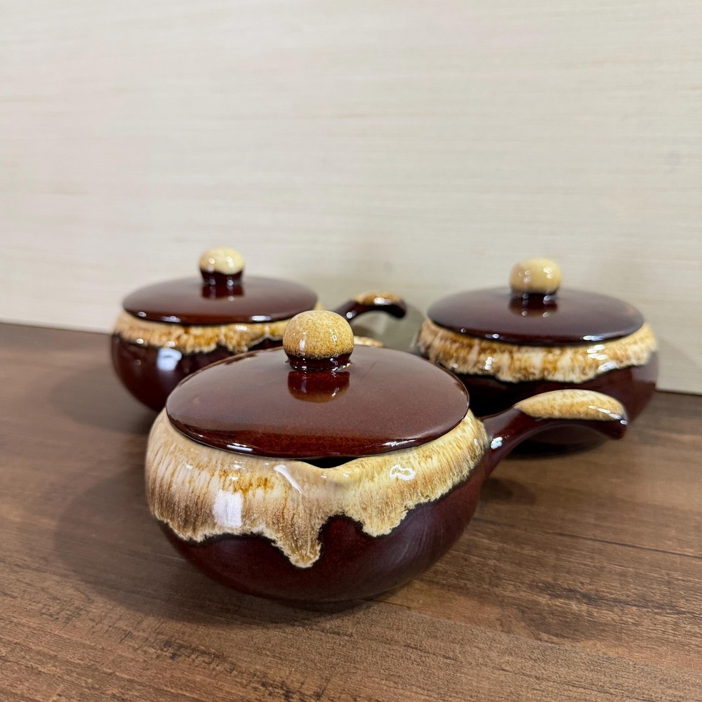 Set of 3 Vintage 70s Brown Drip Glaze French Onion Soup Crocks with Lids
